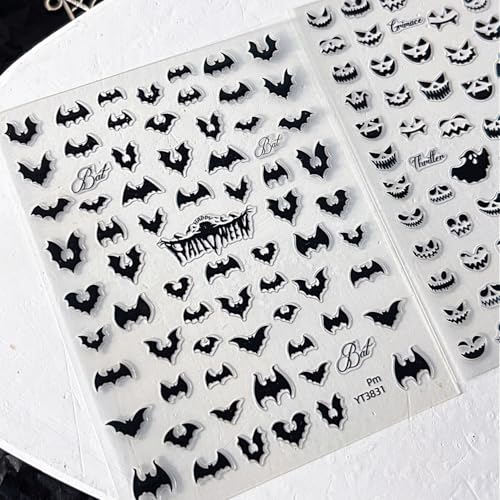 Halloween Nail Stickers for Nail Art Scary Bat Nail Art Stickers Holiday Cute 5D Embossed Black Nail Decals Self-Adhesive Nails Supply Manicure Sliders for Nails Decoration - color: Halloween Style2
