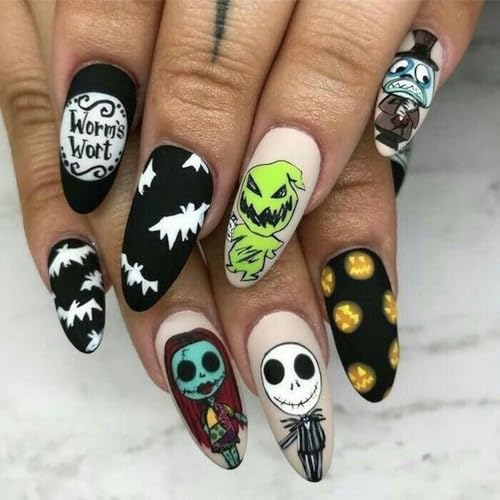 Halloween Press on Nails Almond Medium Length Fake Nails Matte False Nails with Skull Pumpkin Bats Designs Scary Nightmare Before Christmas Nails Full Cover Acrylic Glue on Nails for Women Manicure - color: Style 19