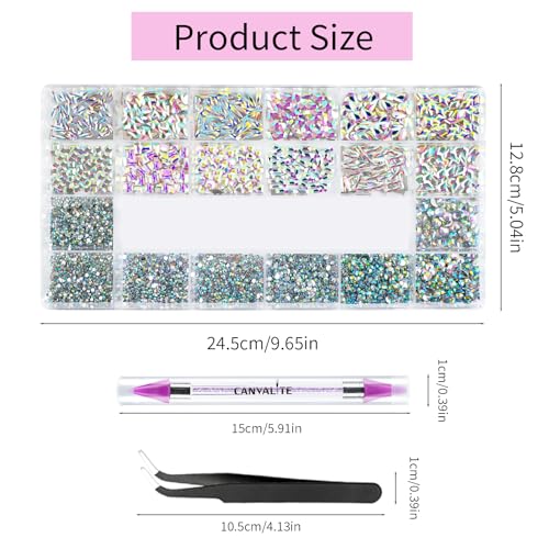 Canvalite 12 Types of 600Pcs Crystal Nail Charms & 5710Pcs Rhinestones for Nails Diamonds for DIY Crafts Flat Back Resin Rhinestones Transparent AB Gemstones Set with Drill Pen & Tweezer - color: Transparent AB, size: Large Pack