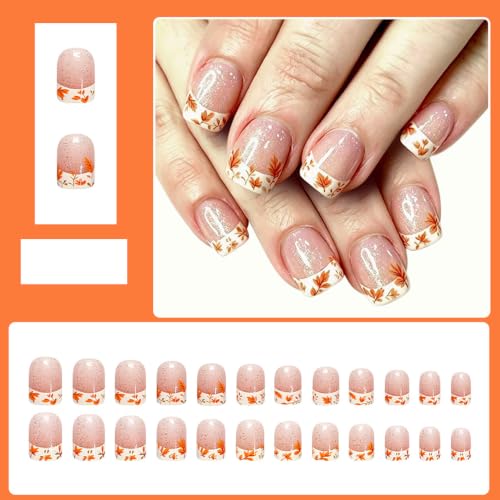 Fall Press On Nails Short Square Fake Nails With Maple Leaf Design - color: design-13