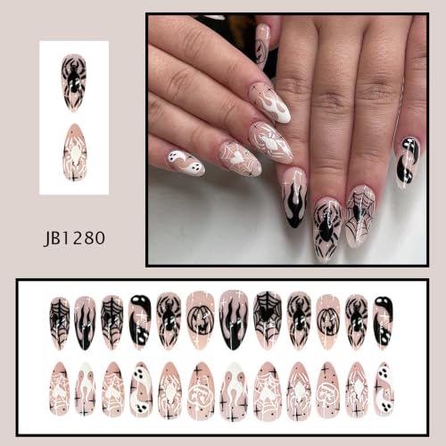 Halloween Press On Nails, Almond Spider Ghost Web Design, Black Nude - color: style 13
