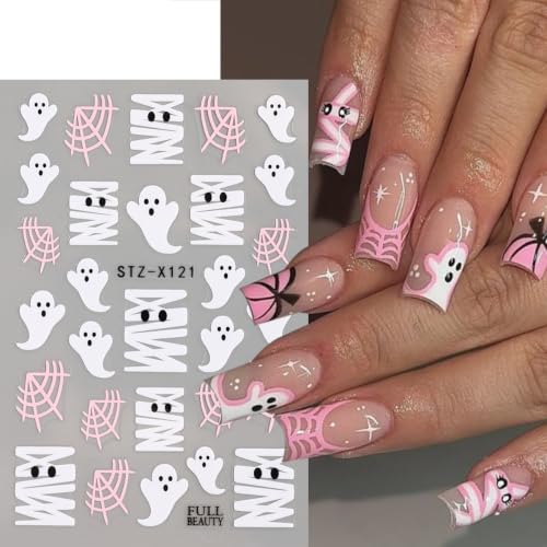 Halloween Nail Art Sticker Ghost Spider Web Nail Sticker 6Pcs French 3D Self-Adhesive Pink Heart Spider Web Mummy Nails Decal Cute Ghost Nail Supplies Accessories for Halloween Manicure Decoration - color: Pink Spider Web Ghost