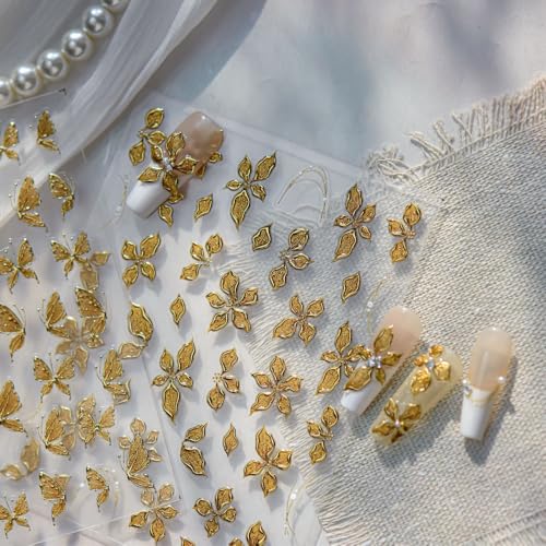 5D Embossed Nail Stickers, Premium Salon-Quality Self-Adhesive 3D Nail Art Decals, Refined Classic Designs for Easy DIY Manicure (Golden Flora) - color: Golden Flora