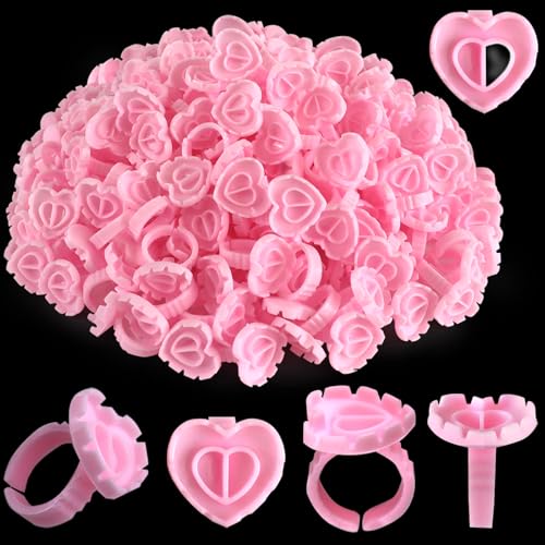 300PCS Pink Disposable Glue Rings for Eyelash Extensions, Adjustable Pigment Holder Cups for Eyebrow Eyeliner Nail Art, Flexible Plastic Lash Rings, Lightweight Professional Beauty Supplies - size: heart pink