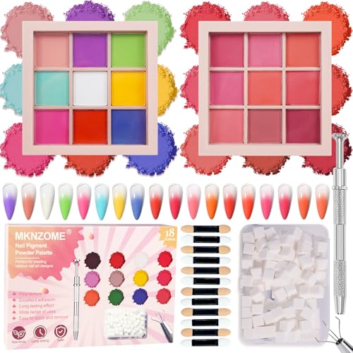 18 Colors Nail Pigment Powder Palette, Pigment Powder for Nails Set and Nail Art Sponges with Grabbing Pen, Ombre Aura Pigmentos para Uñas, D+F - color: multicolored-D+F
