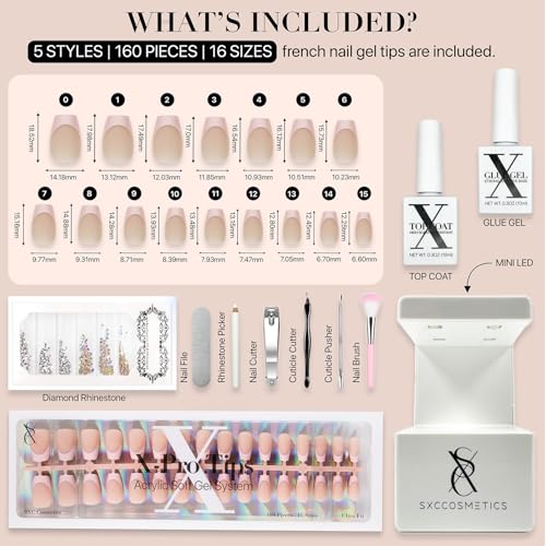 SXC Cosmetics French Tip Press On Nails - Skin Tone Nude and Color Series, Short Coffin X-Pro Tips Starter Kit ST119KIT - color: Skin Tone - S Coffin