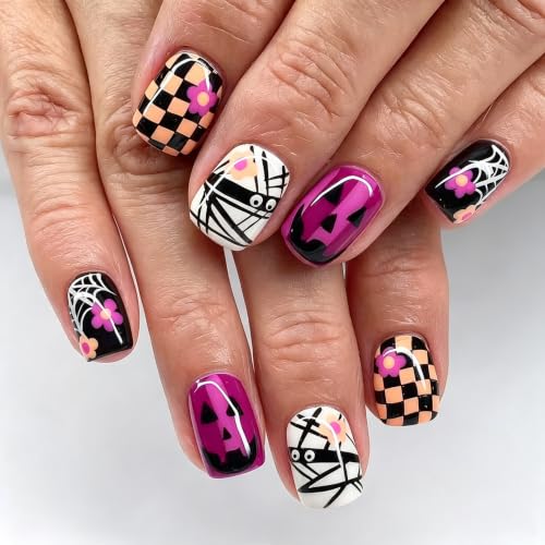 24Pcs Orange Black Checkered Mummy Halloween Press on Nails Short Square Fake Nails Purple Halloween Full Cover Glossy Reusable Glue on Nails Pumpkin Flower Spider Web Stick on Nails for Women - color: Bandage Ghost Style