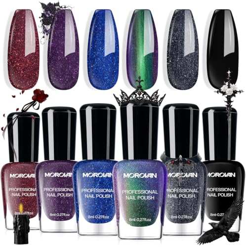 Morovan Dark Nail Polish Set: 6 Color Gothic Black Glitter Deep Purple Gift - color: Midnight Gothic