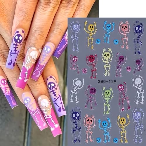 Halloween Nail Art Stickers Skull Nail Art Decals 3 Sheets Colorful Skeleton Bones Skeleton Self-Adhesive Stickers 5D Embossed Skull Nail Decals for Women Halloween Nail Supplies Nail Decorations - color: Halloween Style1