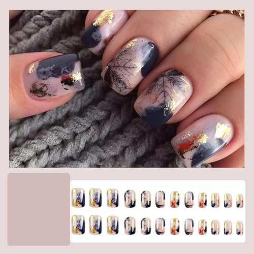 Fall Maple Leaves Press On Nails Short Square Fake Nails Press Ons With Gold Foil Design Glue On Nails Ink Wash Style Autumn Stick On Nails Full Cover Acrylic False Nails For Women Nail Decor - color: design-2