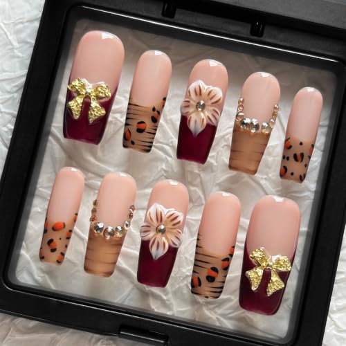 Handmade Press On Nails, 10 Pcs Long square Reusable Stick Ons for Women, French 6D Acrylic Fake Nails(L) - color: Golden Bow, size: L