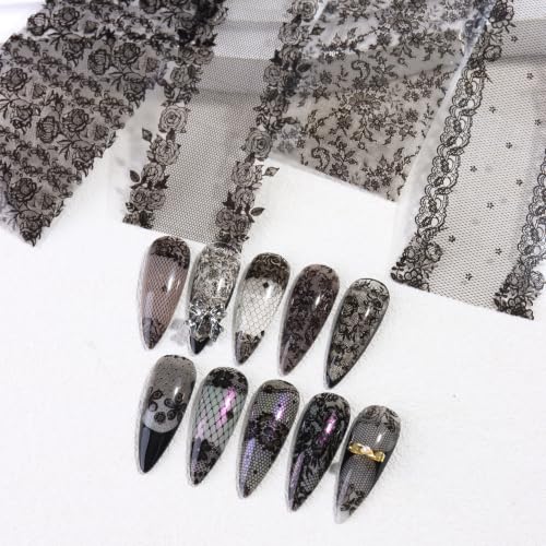 10 Rolls Black Lace Nail Foils Mixed Styles Lace Flowers Transfer Stickers - color: Black Lace Ls04