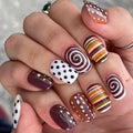 Polka Dot Press on Nails Square Short Stripe Swirl Design - color: Brown Black White Green Orange