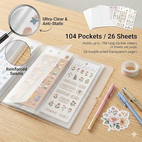 Sticker Organizer Album, 104 Pockets For Small Sticker Sheets - size: Small(2.8" x 7.9“)