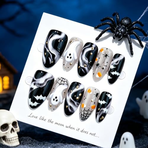 Halloween Press On Nails Medium Almond Fake Nails 3D Ghost Design 30Pcs - color: Halloween nails-9