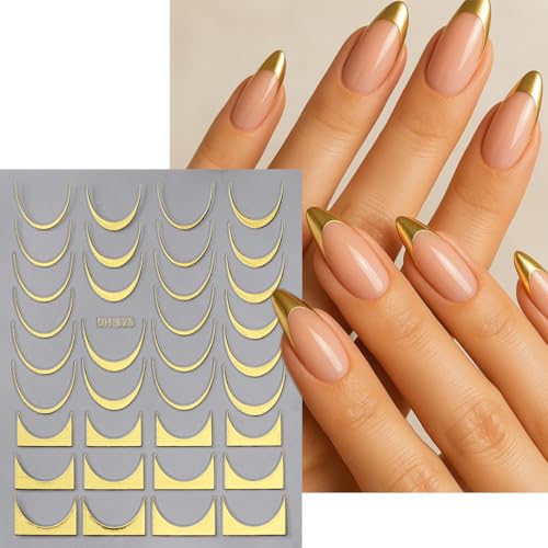 8 Sheets Gold Silver French Stripe Line Nail Stickers, 3D Self-Adhesive - color: Dh-825+826