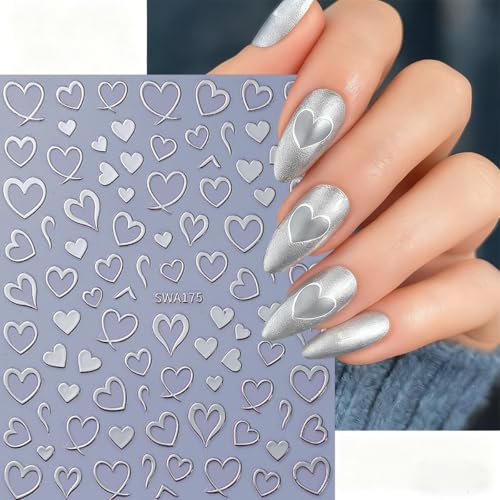 6 Sheets Heart Nail Stickers for Nail Art 3D Self-Adhesive Valentines Nail Art Stickers with Red Silver Gold Hollow Hearts Design Cute Love Heart Nail Decals DIY Manicure Decoration Kit for Women - style: Heart Nail Stickers-11