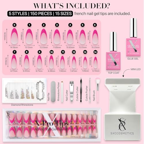 SXC Cosmetics French Tip Press On Nails – 5 Pink Series, Medium Almond, X-Pro Tips Starter Kit | 150PCS, 15 Sizes, 5 Styles, Beginner-Friendly - color: Pink - M Almond