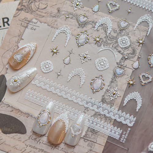 1 Sheet Vintage Frame Nail Stickers 5D Embossed White Lace Nail Decals Star Heart Nails Supplies Teardrop Shape Gem Nail Designs Lace French Tip Nail Art Stickers for Women DIY Manicure Decoration - color: Vintage