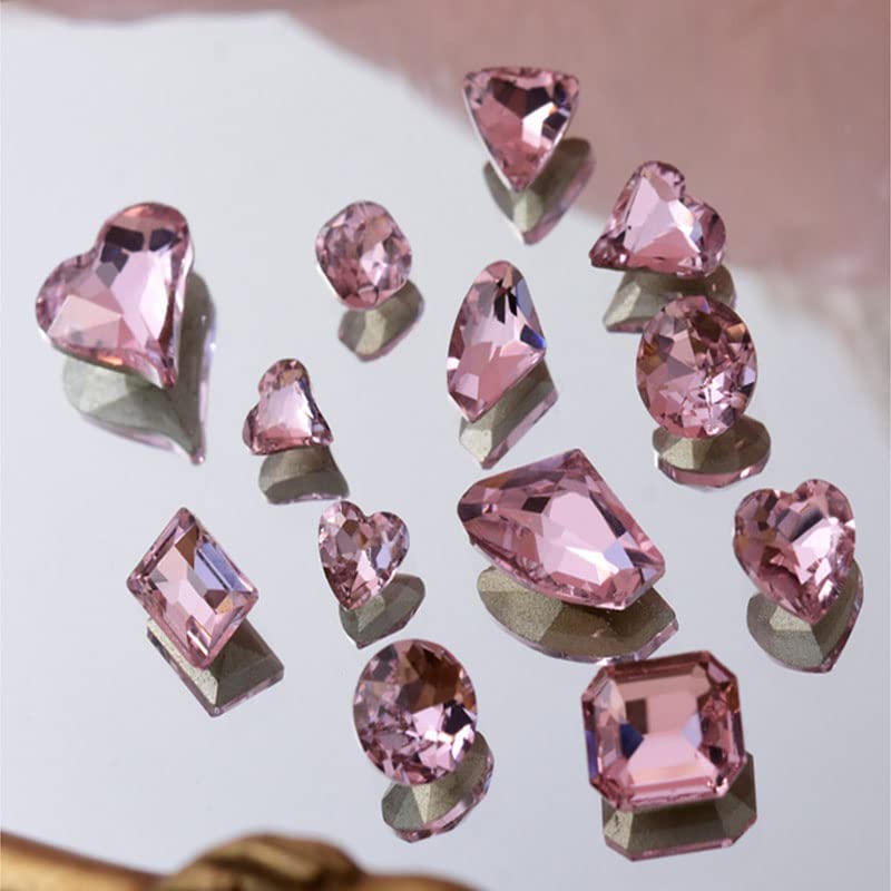 48 Pcs Big Mix Sizes Different Shape Nail Rhinestones 12 Styles 3D Glass Crystals Diamonds Love Distorts Heart Super Shiny Charms Gems Stones DIY Nail Art Decoration Craft Jewelry (Pink) - color: Pink