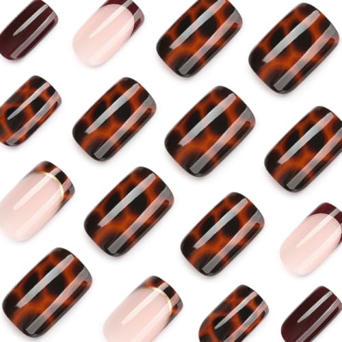 Tortoise Shell Press on Nails Brown Fake Nails French Tip False Nails - color: Style34