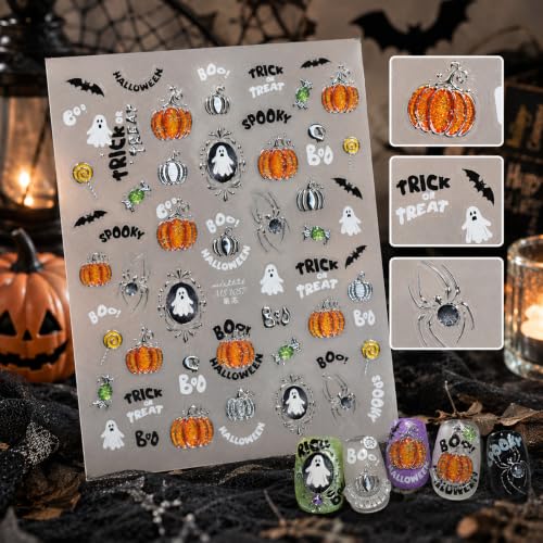 Halloween Nail Stickers 5D Ghost Pumpkin Spider Nail Decals for Nail Art - color: Multicolor-090