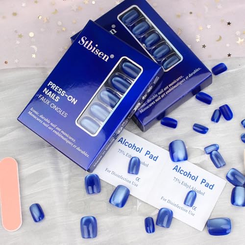 Royal Blue Press on Nails Short Square, Cat Eye Fake Nails, 30Pcs - color: B01-Ice Blue