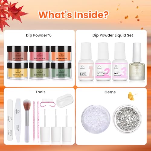 Beetles Fall Dip Powder Nail Kit, 6 Colors Burgundy Orang Red Green Yellow - color: 6 Colors x 10g Kit | Autumn Depth Palette