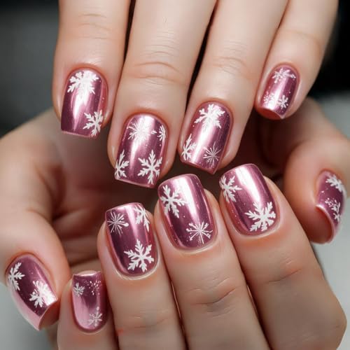 Winter Press on Nails Short Square Fake Nails Snowflake Cat Eye for 24Pcs - color: 26