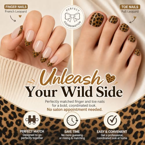 48pcs Leopard Print Press on Nails and Toenails Set, Almond Nude French Tip Fake Nails with Cheetah Designs, Full Cover Short Square False Toe Nails Bundle, 2-in-1 DIY Manicure Kit for Women - color: leopard French