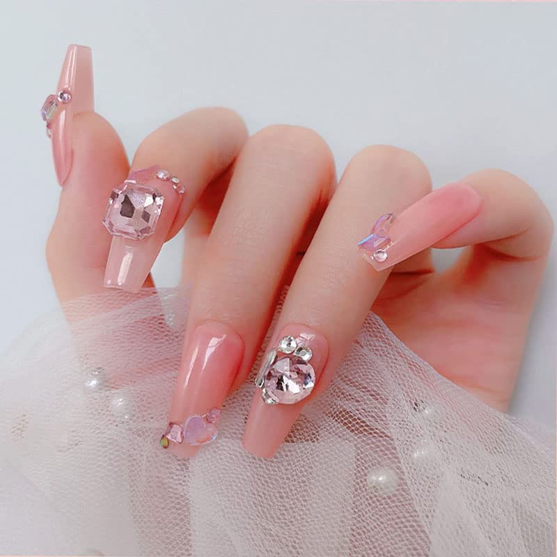 48 Pcs Big Mix Sizes Different Shape Nail Rhinestones 12 Styles 3D Glass Crystals Diamonds Love Distorts Heart Super Shiny Charms Gems Stones DIY Nail Art Decoration Craft Jewelry (Pink) - color: Pink