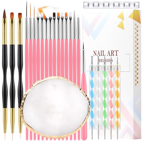 25Pcs Nail Art Brushes Set, Palette, Stand & Dual Pen