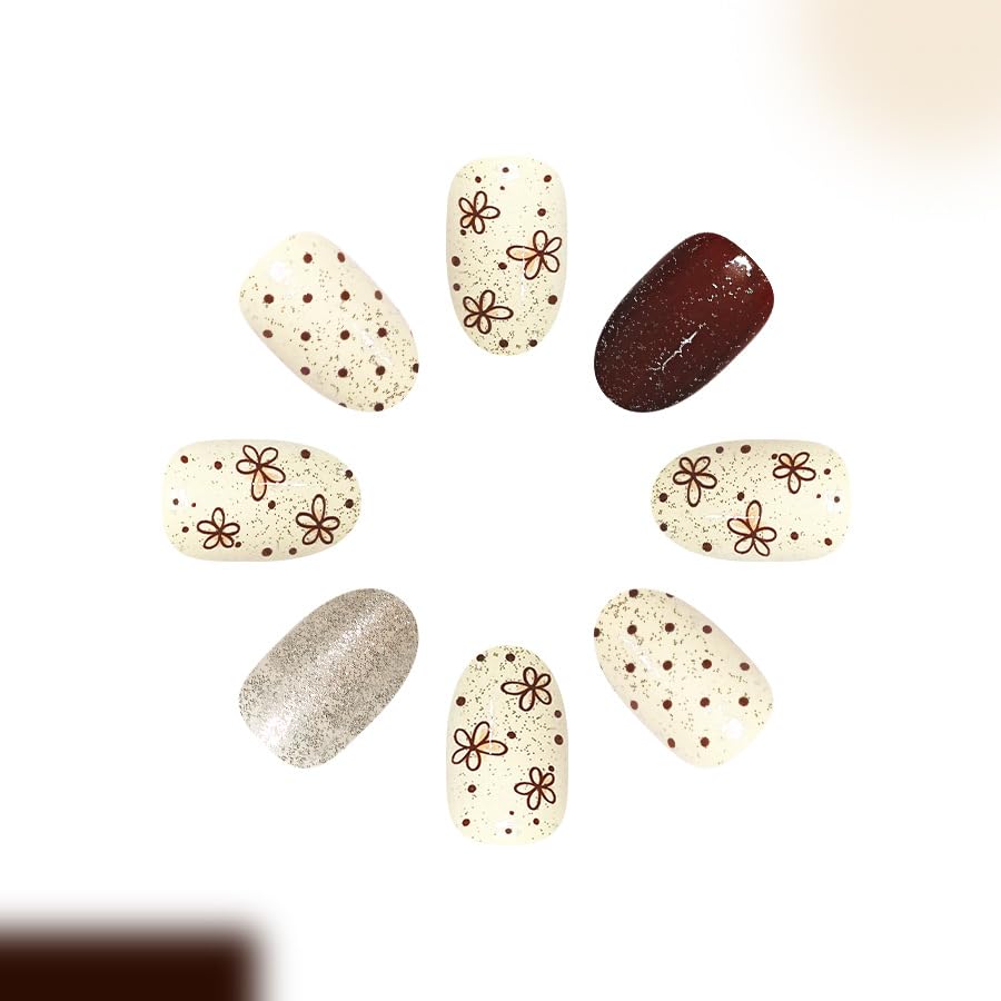 24Pcs Fall Flower Press on Nails Short Almond Polka Dots Fake Nails - color: Fall10