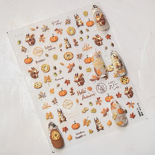 Fall Nail Art Stickers 5D Embossed Leaves Nail Sticker Autumn Squirrel Pine Cones Fallen Leaves Design Nail Decals Maple Leaf Manicure Stickers Accessories for Women DIY Nail Art Decorations - style: Squirrel Pine Cones