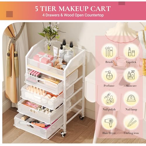 Goovilla Rolling Makeup Organizer Cart with Drawers, 5 Tier Metal, White - color: White, size: 5 Tier
