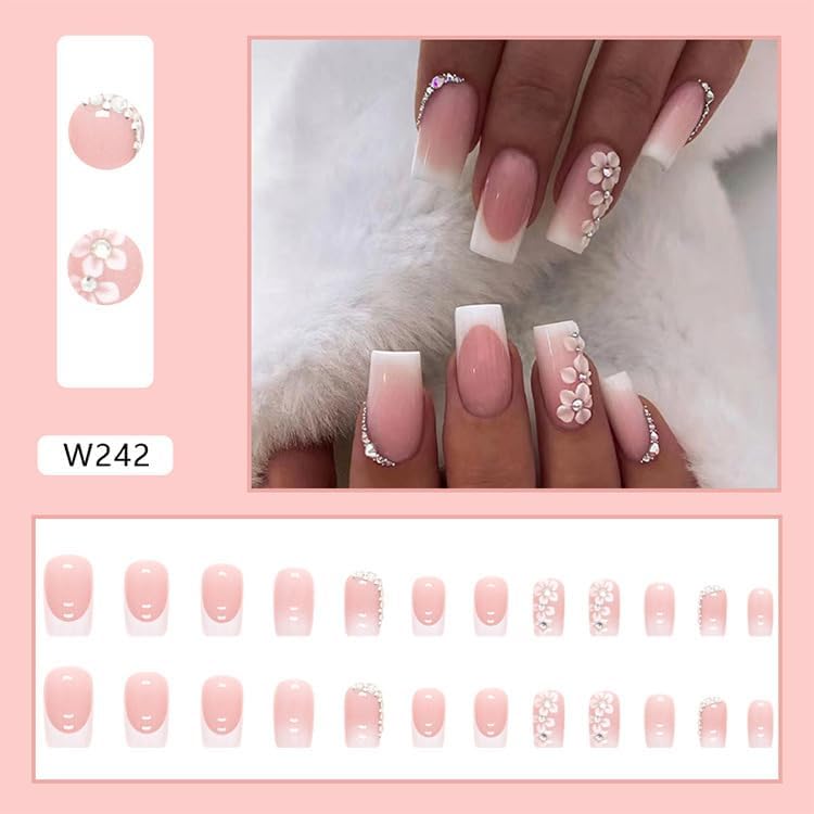 24Pcs Medium Square Fake Nails French Tip Press on Nails, Glossy Glue on Nail Full Cover False Nails with Rhinestones & Flowers Designs Medium White Nail Tips Pink Acrylic Nails for Women Girls - color: Pink Flowers