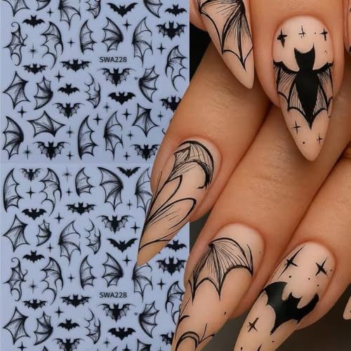 Halloween Black Bats Nail Art Stickers Bat Wing Nail Art Decals 6 Sheets 3D Self-Adhesive Bats Nail Stickers Black Dragons Dragon Wings Nail Designs for Women Halloween Nail Supplies Decorations - color: Halloween Style8