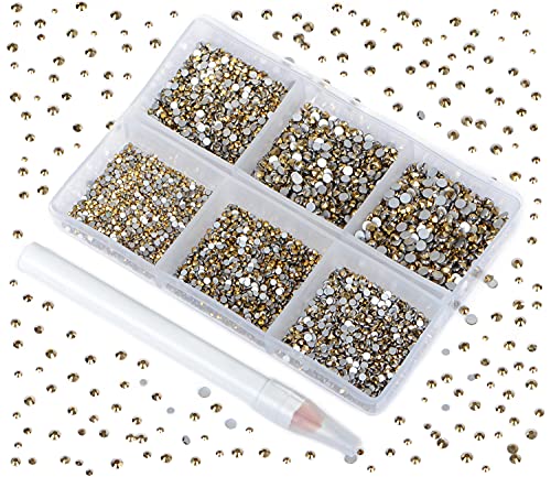 Bymitel 7200 Pieces 6 Mixed Sizes Glue Fix on Glass Rhinestones Round Crystal Gems Flatback for DIY Jewelry Making with one Picking Pen (6-Sizes 7200PCS, Aurum) - color: Aurum, size: 6-SIZES 7200PCS