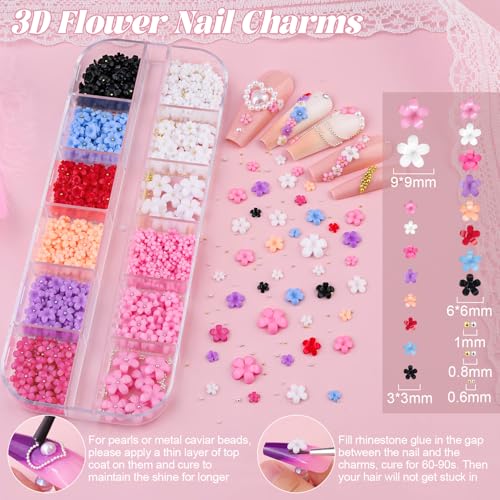 Flatback White Pearls and 3D Flowers for Nails Caviar Nail Beads with Glue - color: 10 2 Boxes Nail Art Decos Set 29+Glue
