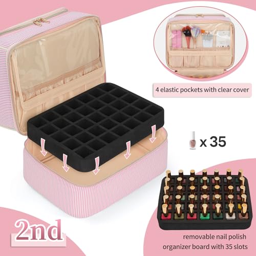 Nail Polish Organizer and Storage Box, Double Layer Pink-White Stripes Nail Supplies Holder for 45 Bottles & Lamp, Nail Kit Organizer, Nail Tech Travel Case & Tattoo Travel Container - color: Pink White Stripe, size: 45 Slots