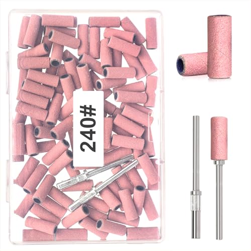 BLESWIN 100pcs Small Sanding Bands for Nail Drill Bit, 240 Fine Grit with 2pcs 3mm Drill Bits, Mini Grit Sanding Bands with Polishing Natural Nails and Cleaning Cuticle for Preparation, Pink - size: 100Pcs 240 Grit-Pink