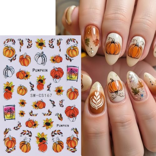 6 Sheets Fall Nail Stickers 3D Self-Adhesive Thanksgiving Nail Decals Autumn Maple Leaf Nail Art Stickers Pumpkin Fruit Fallen Leaves Sunflower Nail Design for Women Holiday DIY Manicure Accessories - color: Fall
