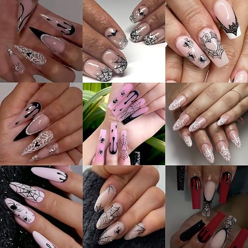 6 Sheets Halloween Spider Web Nail Stickers Spider Nail Stickers for Nail Art 3D Self-Adhesive Ghost Nail Decals Black White Spiders Web Bat Silver Glitter Black French Nails Design Supplies for Women - style: bats