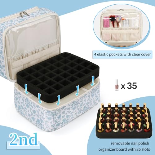 CUBETASTIC Nail Polish Organizer, Nail Supplies Storage Case Holds 45 Bottles Nail Polish & Nail Lamp, Travel Nail Tech Carrying Bag, Nail Kit Bag For Nail Stuff & Manicure Tools - color: Blue Floral, size: 45 Slots