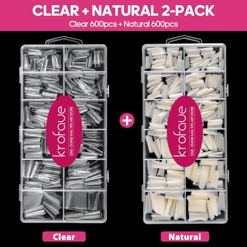 Krofaue 1200PCS Coffin Nail Tips, Clear & Natural Half Cover, 12 Sizes - color: Clear Natural Coffin Half Cover
