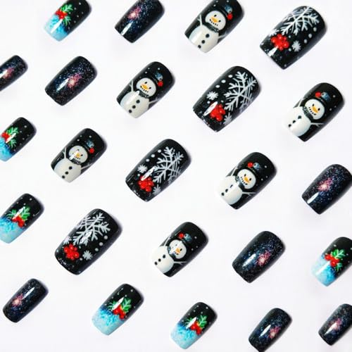 Christmas Press on Nails Silver Glitter Acrylic Fake Nails Cute Snowman Stick on Nail with Snowflake Xmas Red Berry Design Full Cover Christmas Glue on False Nails for Women Girls 24 Pcs - color: Style 44