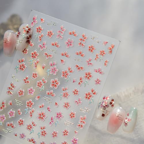 1 Sheet 5D Embossed Flower Nail Art Stickers Self-Adhesive Spring Summer Cherry Blossom Nail Decals Floral Nail Art Stickers Cherry Blossoms Nails Supplies Shiny Ombre Floral Nails Art Decoration - style: gradient peach blossom