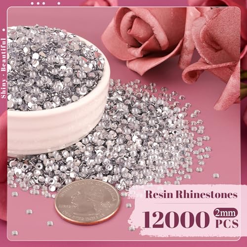 12000PCS 2mm Resin Rhinestones Bulk for Crafting (Clear), Flatback Bedazzling Crystals for Crafts DIY Nail Decoration, Gems Charms for Tumbler Shoes Clothing Fabric with Pickup Pen and Tweezers - color: B01 Resin Rhinestones (Clear), size: 2mm
