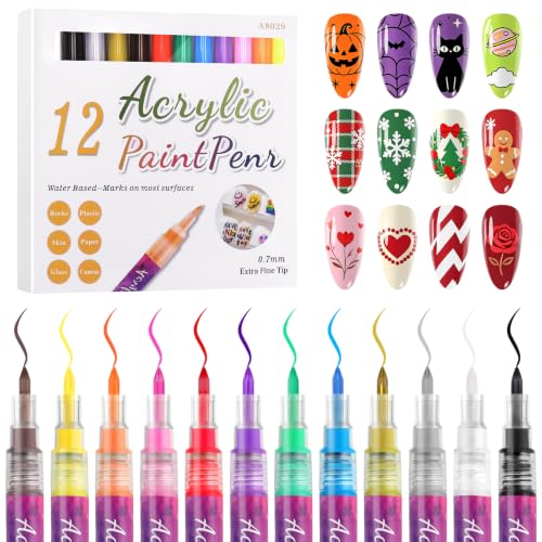 12 Colors Nail Art Pens Set, TOROKOM Nail Art Markers 3D Nail Polish Pens - color: 12 Color-F