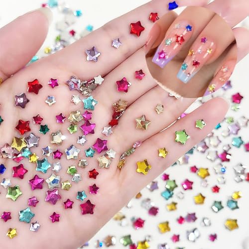 200pcs Colorful Crystal Star Nail Art Charms Mixed Size Color 3D Stars Nail Rhinestones Flat Back Star Nail Gems Crystal Pentagram Nail Diamond DIY Acrylic Nail Supplies Nail Accessories (Star) - color: Star